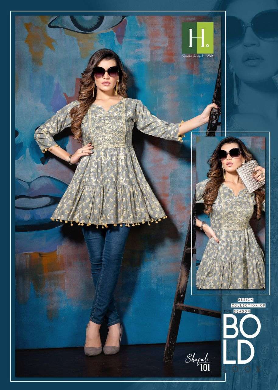 SHEFALI BY HIRWA BRAND RAYON FOIL PRINT EMBROIDERY WORK FROCK STYLE TOP WHOLESALER AND DEALER